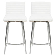 Stainless Steel and Walnut Counter Stool with White Faux Leather Cover, Set of 2