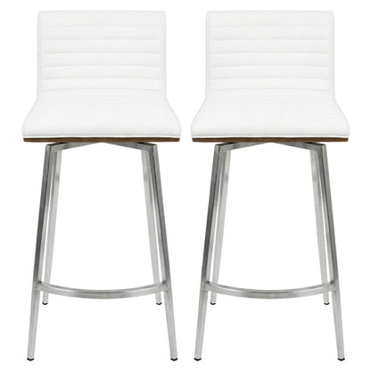 Stainless Steel and Walnut Counter Stool with White Faux Leather Cover, Set of 2
