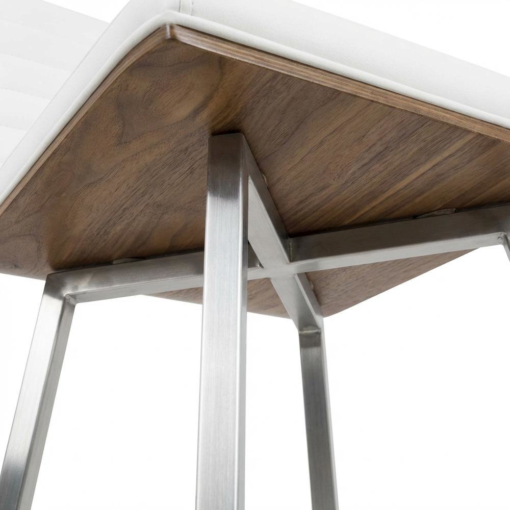 Stainless Steel and Walnut Counter Stool with White Faux Leather Cover, Set of 2
