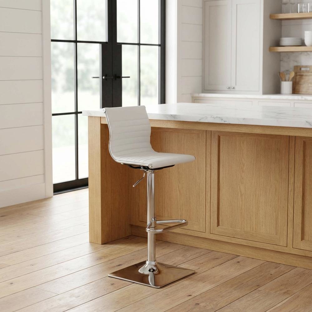 Adjustable Barstool with Swivel in White Faux Leather for Kitchen & Bar