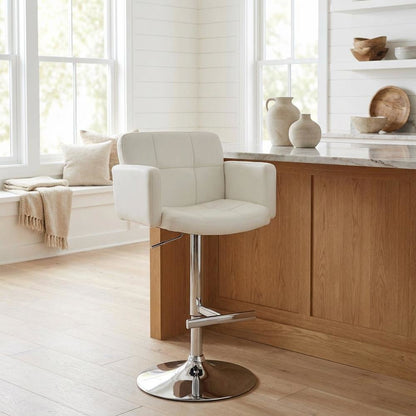 White Faux Leather Swivel Bar Stools with Adjustable Height and Metal Frame