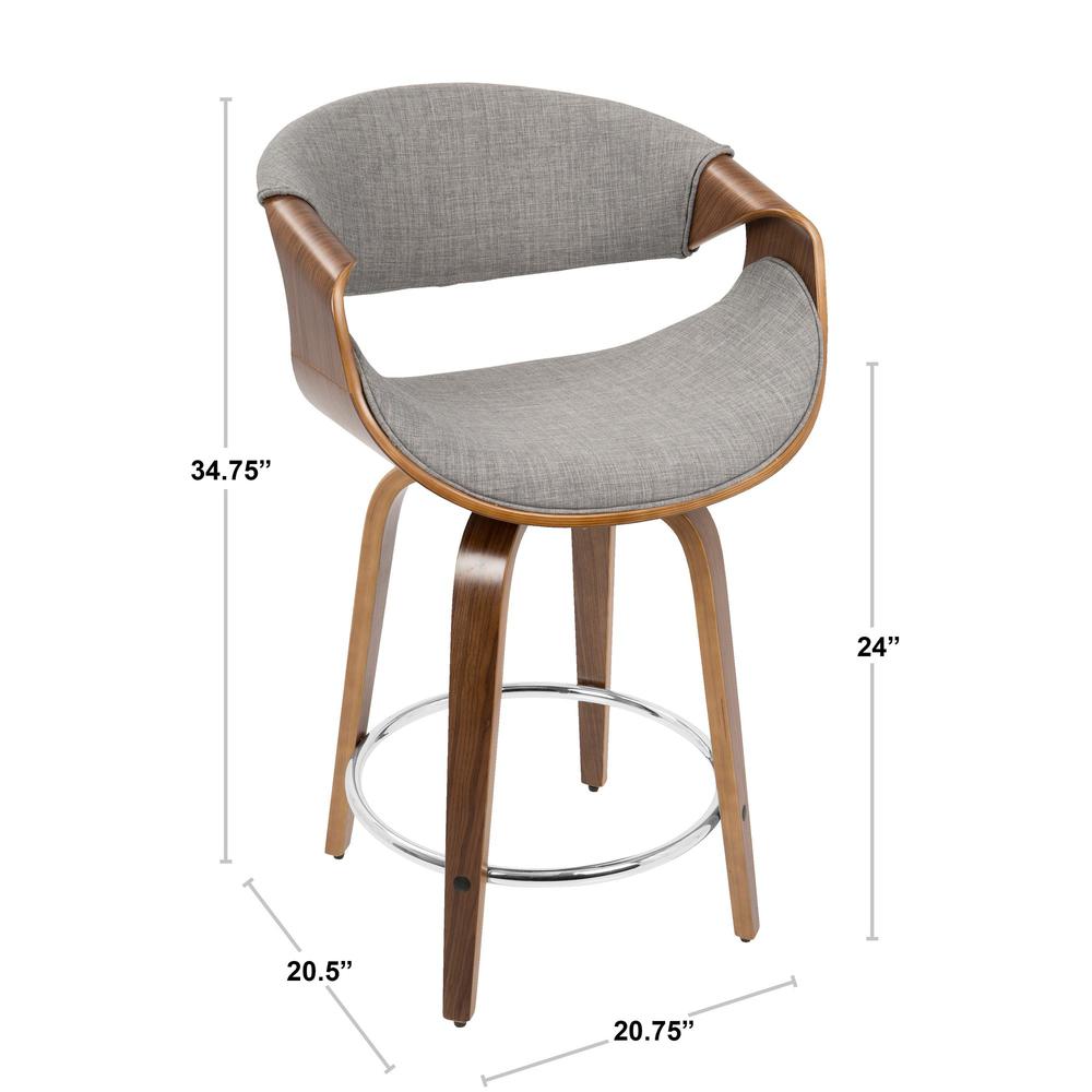 Walnut Wood, Light Grey Fabric, Chrome Curvini 24'' Counter Stool - Set of 2