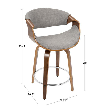 Walnut Wood, Light Grey Fabric, Chrome Curvini 24'' Counter Stool - Set of 2