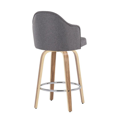Zebra Wood, Chrome, Grey Fabric Ahoy Counter Stool - Set of 2