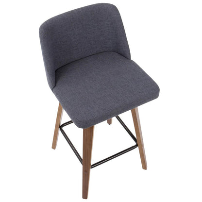 Toriano Mid-Century Modern Counter Stool in Walnut and Blue Fabric - Set of 2