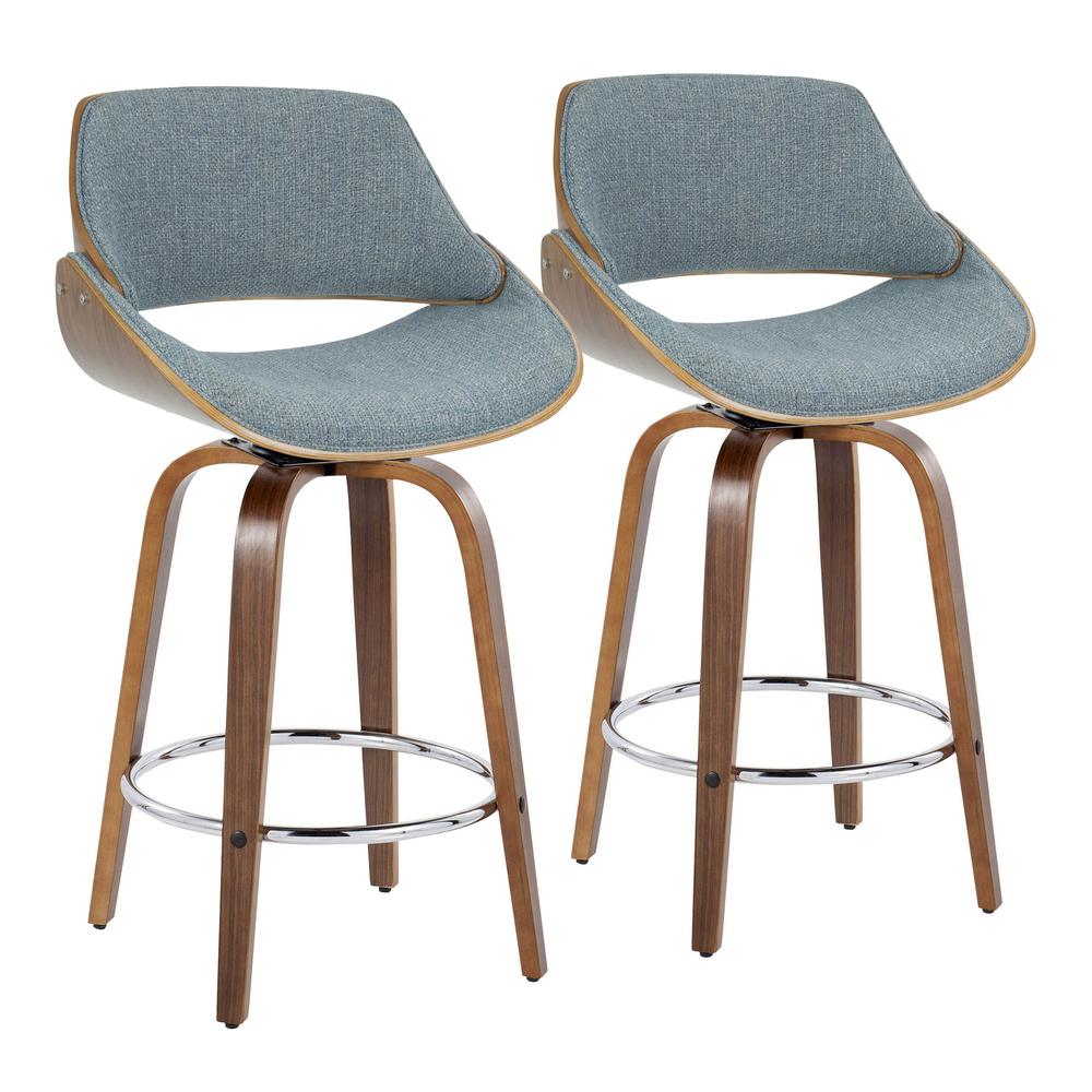 Walnut Wood, Blue Fabric Fabrizzi 26" Fixed-Height Counter Stool - Set of 2