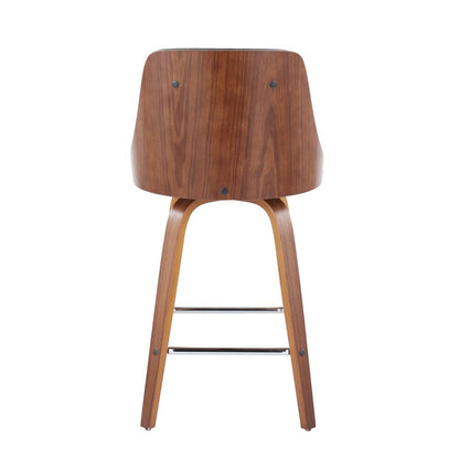 Walnut Wood, Chrome Metal, Grey PU Gianna Fixed-Height Counter Stool - Set of 2