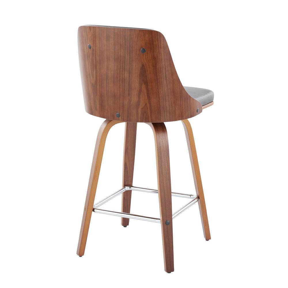 Walnut Wood, Chrome Metal, Grey PU Gianna Fixed-Height Counter Stool - Set of 2