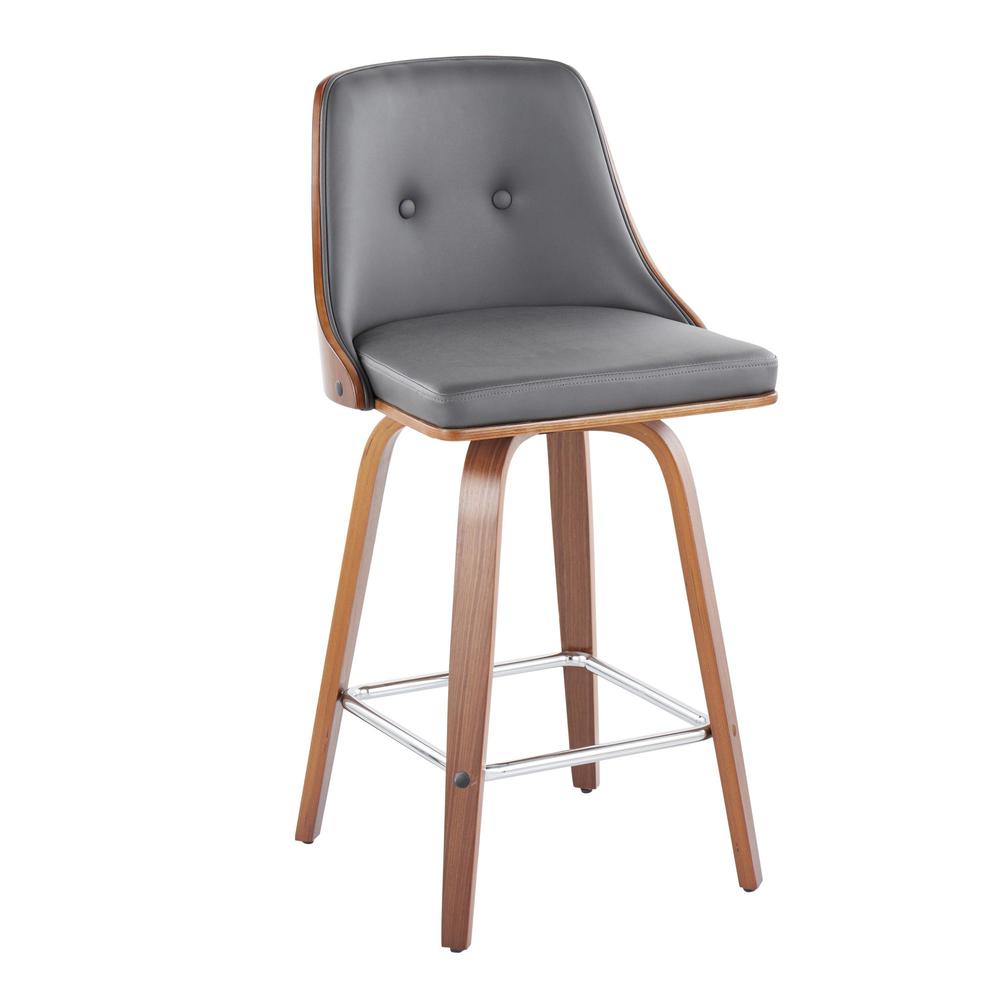 Walnut Wood, Chrome Metal, Grey PU Gianna Fixed-Height Counter Stool - Set of 2