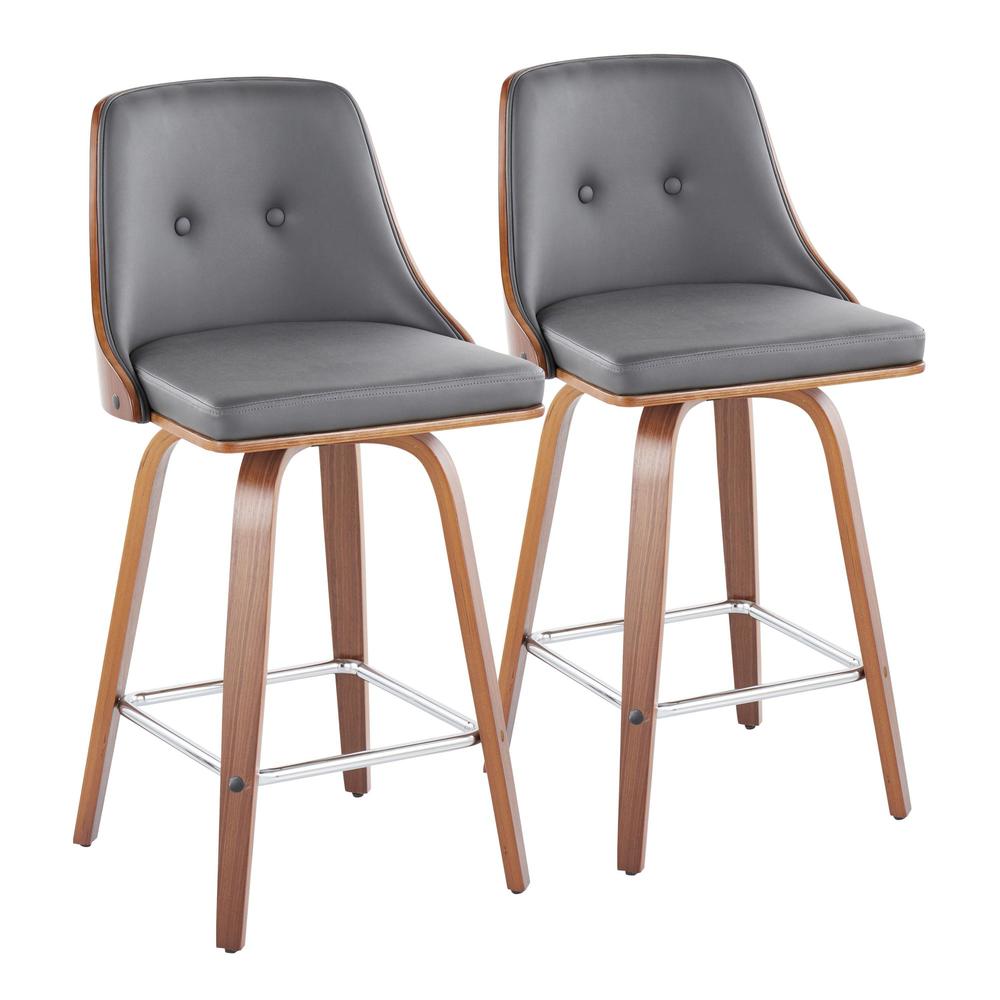 Walnut Wood, Chrome Metal, Grey PU Gianna Fixed-Height Counter Stool - Set of 2