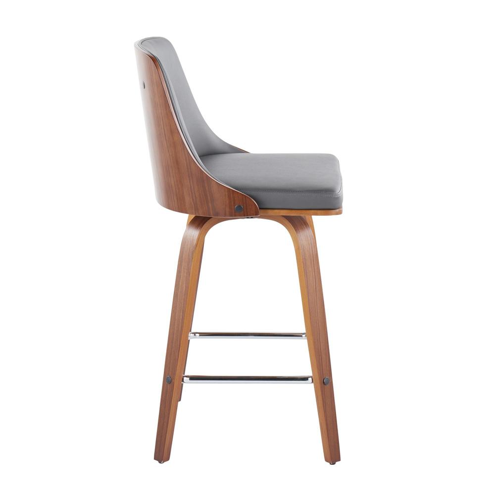 Walnut Wood, Chrome Metal, Grey PU Gianna Fixed-Height Counter Stool - Set of 2