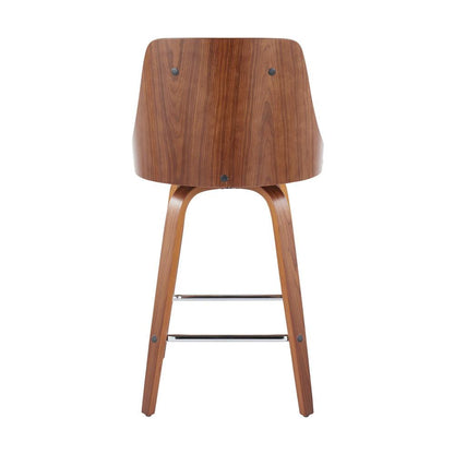 Walnut Wood, Chrome Metal, White PU Gianna Fixed-Height Counter Stool - Set of 2