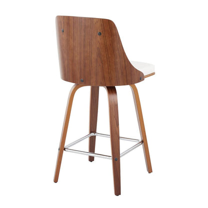 Walnut Wood, Chrome Metal, White PU Gianna Fixed-Height Counter Stool - Set of 2