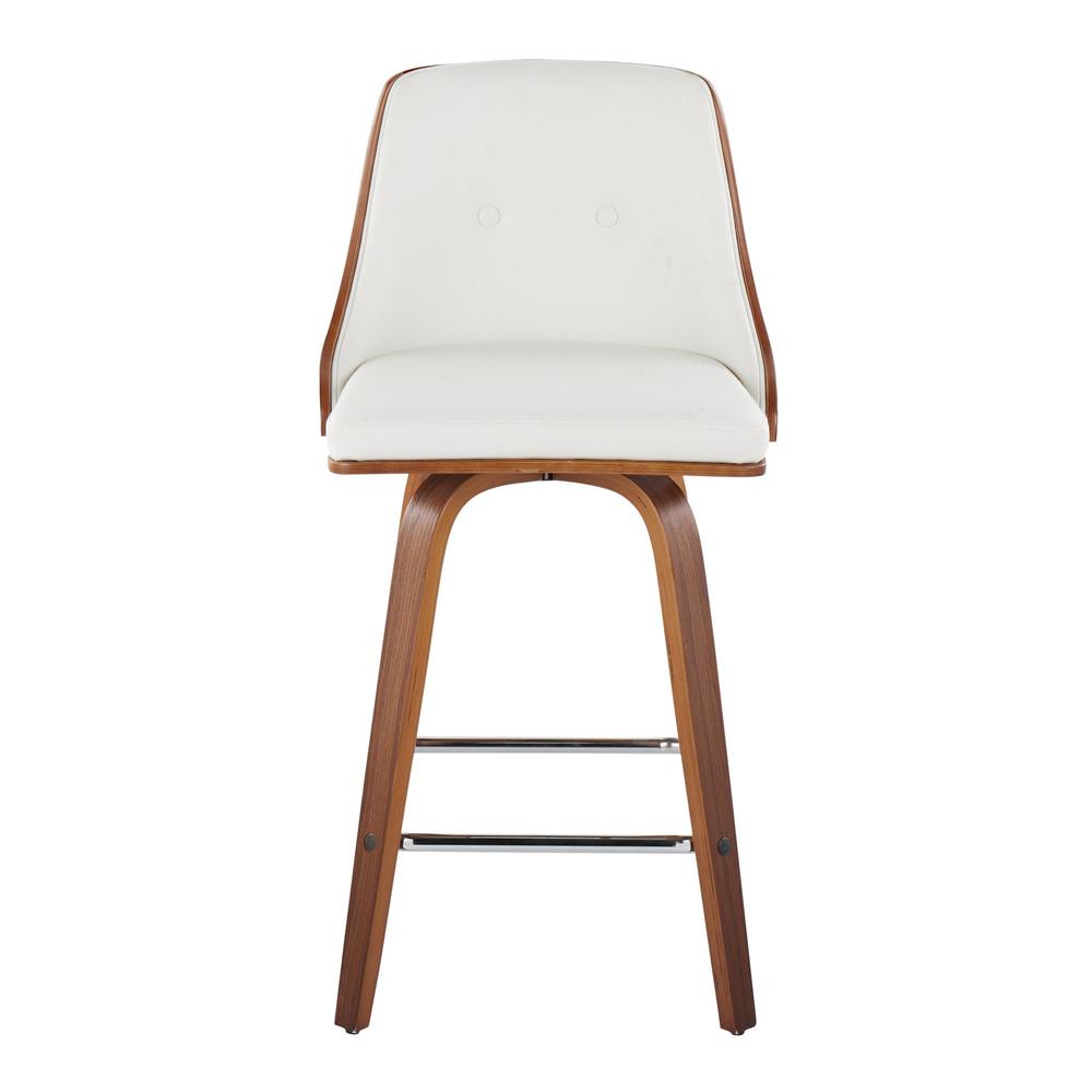 Walnut Wood, Chrome Metal, White PU Gianna Fixed-Height Counter Stool - Set of 2