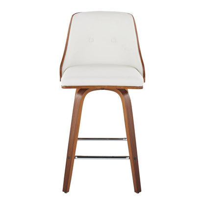 Walnut Wood, Chrome Metal, White PU Gianna Fixed-Height Counter Stool - Set of 2