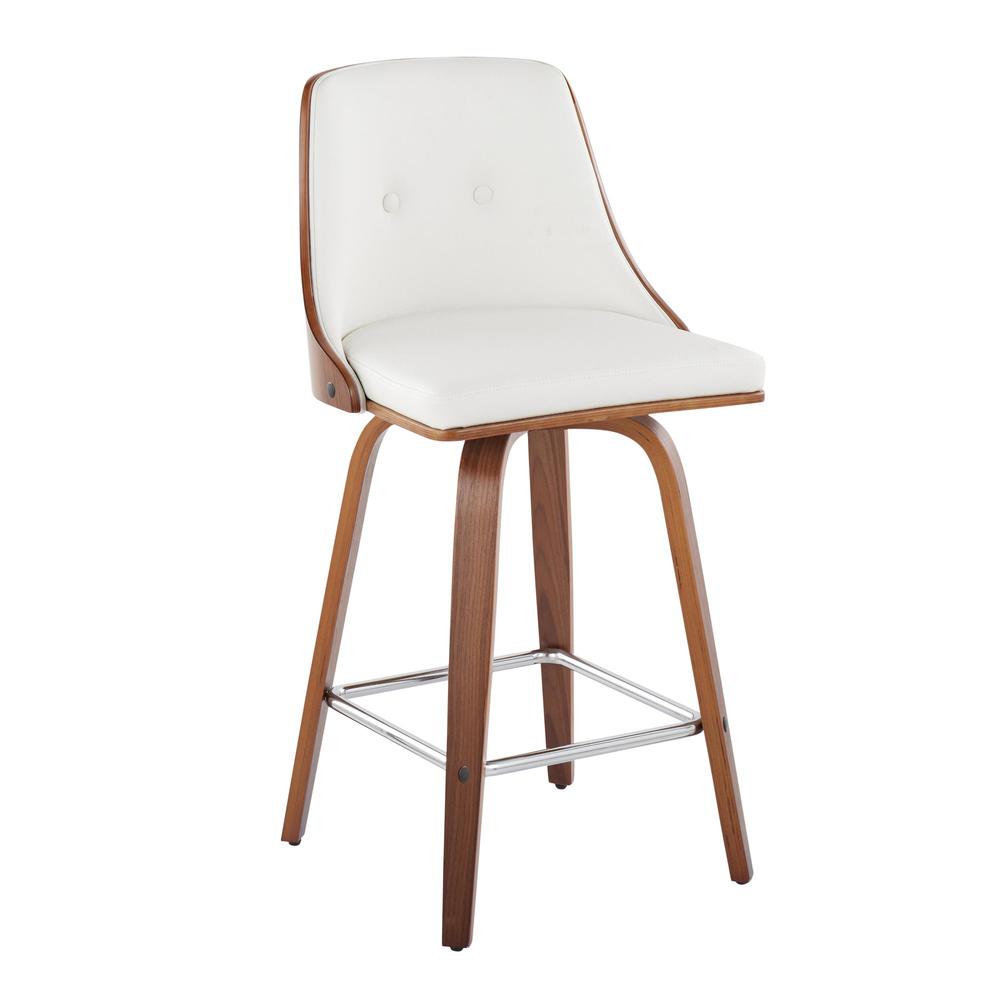 Walnut Wood, Chrome Metal, White PU Gianna Fixed-Height Counter Stool - Set of 2