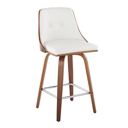Walnut Wood, Chrome Metal, White PU Gianna Fixed-Height Counter Stool - Set of 2