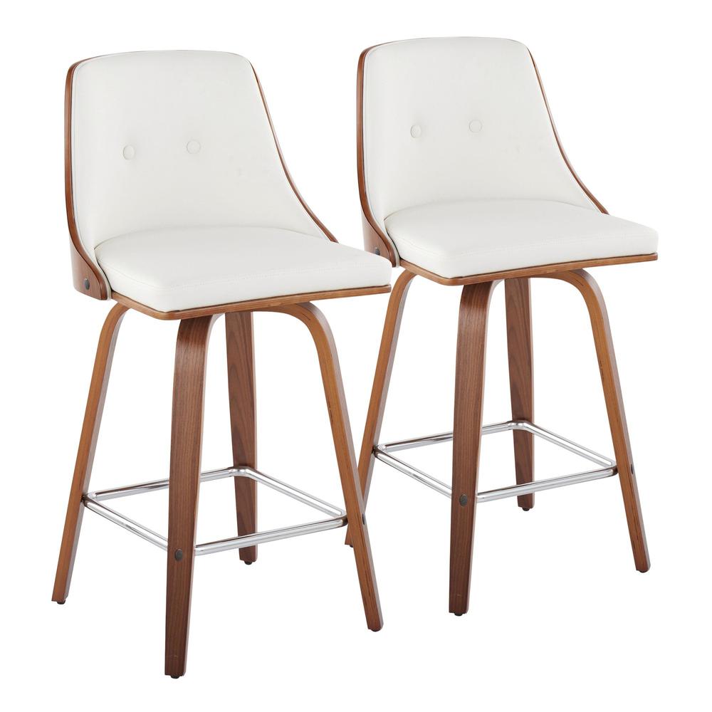 Walnut Wood, Chrome Metal, White PU Gianna Fixed-Height Counter Stool - Set of 2