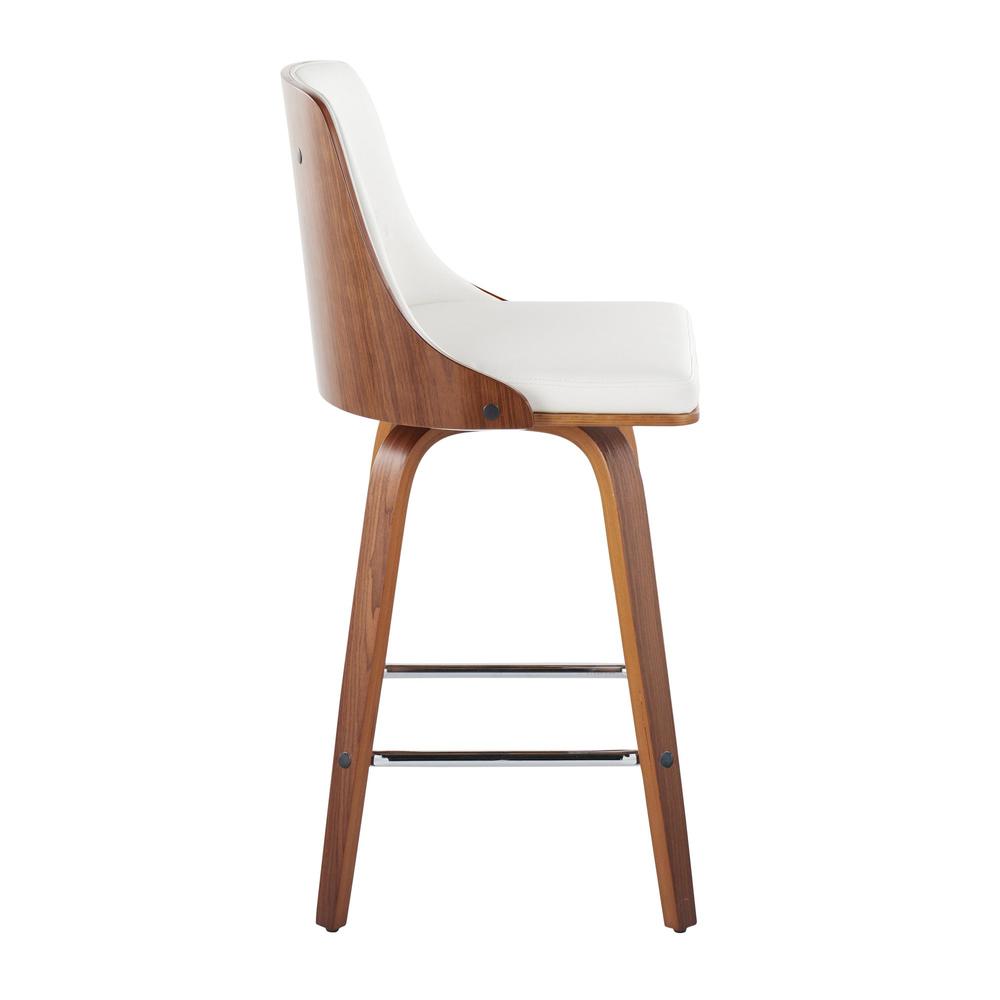 Walnut Wood, Chrome Metal, White PU Gianna Fixed-Height Counter Stool - Set of 2