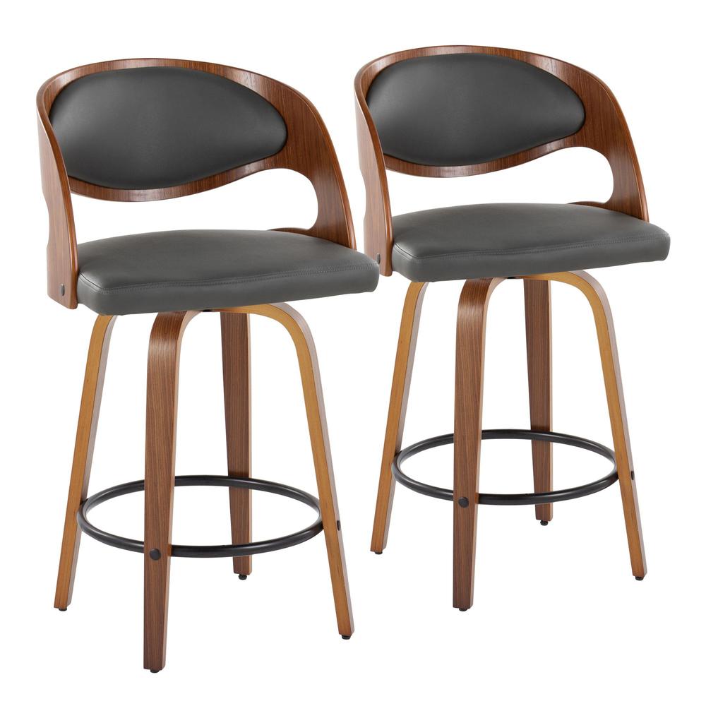 Walnut Wood, Grey PU Pino 26" Fixed-Height Counter Stool - Set of 2