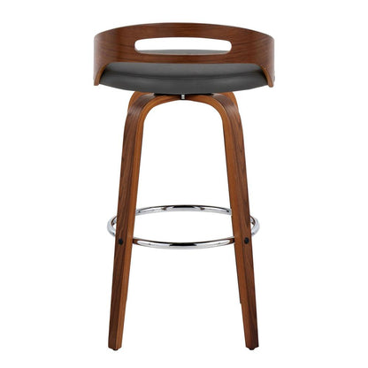 Walnut Wood, Grey PU, Chrome Metal Cassis 30" Fixed-Height Barstool - Set of 2