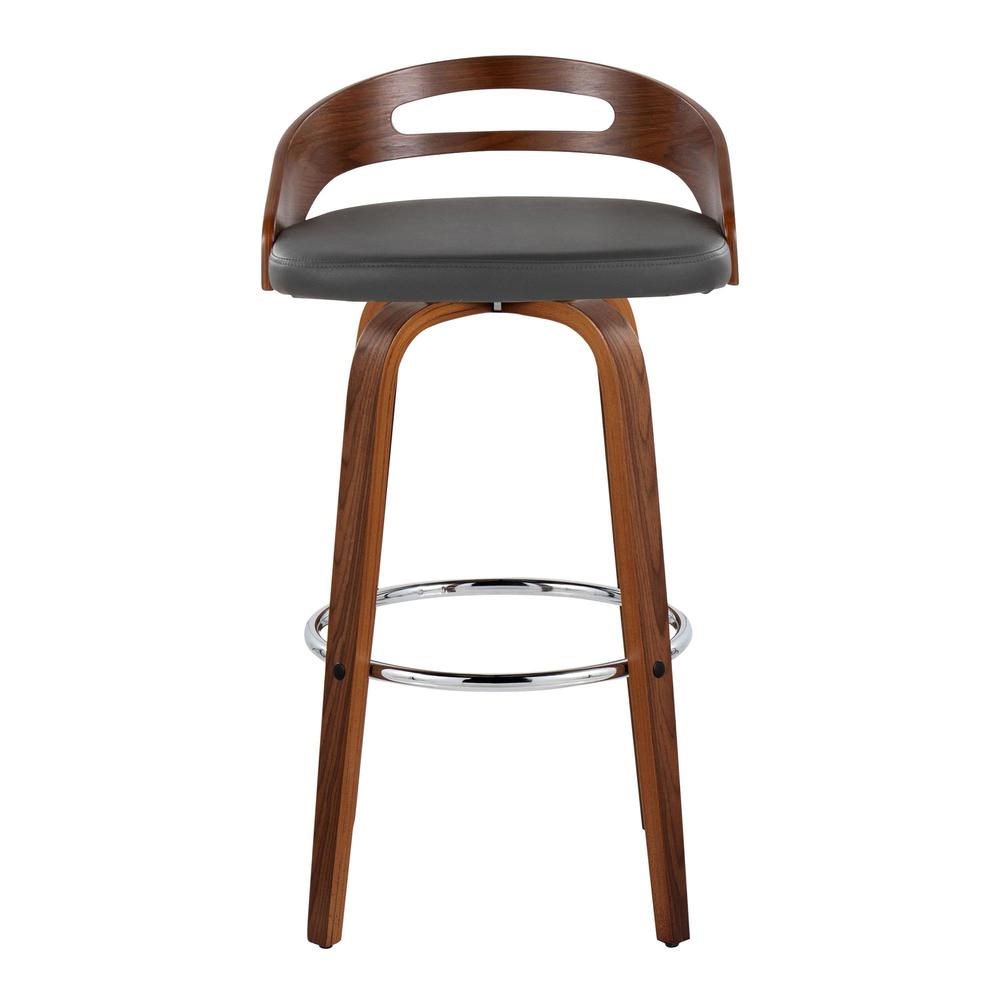 Walnut Wood, Grey PU, Chrome Metal Cassis 30" Fixed-Height Barstool - Set of 2