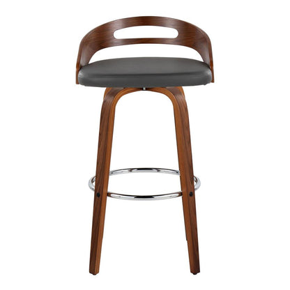 Walnut Wood, Grey PU, Chrome Metal Cassis 30" Fixed-Height Barstool - Set of 2