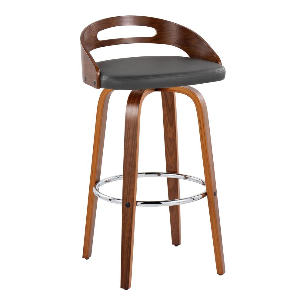 Walnut Wood, Grey PU, Chrome Metal Cassis 30" Fixed-Height Barstool - Set of 2