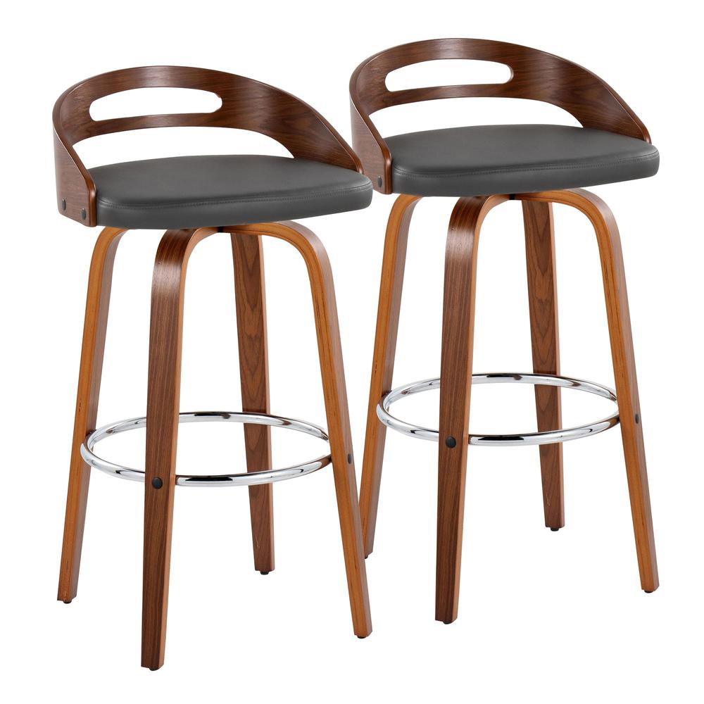 Walnut Wood, Grey PU, Chrome Metal Cassis 30" Fixed-Height Barstool - Set of 2
