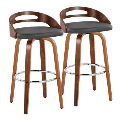 Walnut Wood, Grey PU, Chrome Metal Cassis 30" Fixed-Height Barstool - Set of 2