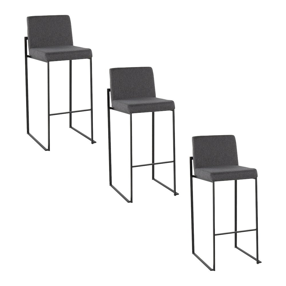 Fuji High Back 30" Fixed-Height Barstool - Set of 3 in Black Steel