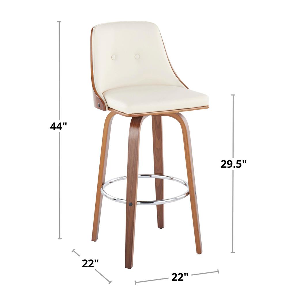 Walnut Wood, Chrome Metal, White PU Gianna Fixed-Height Barstool - Set of 2