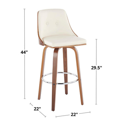 Walnut Wood, Chrome Metal, White PU Gianna Fixed-Height Barstool - Set of 2