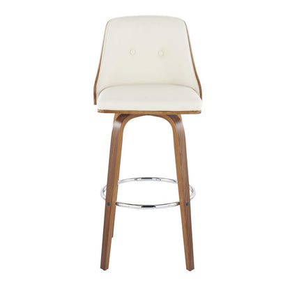 Walnut Wood, Chrome Metal, Cream PU Gianna Fixed-Height Barstool - Set of 2