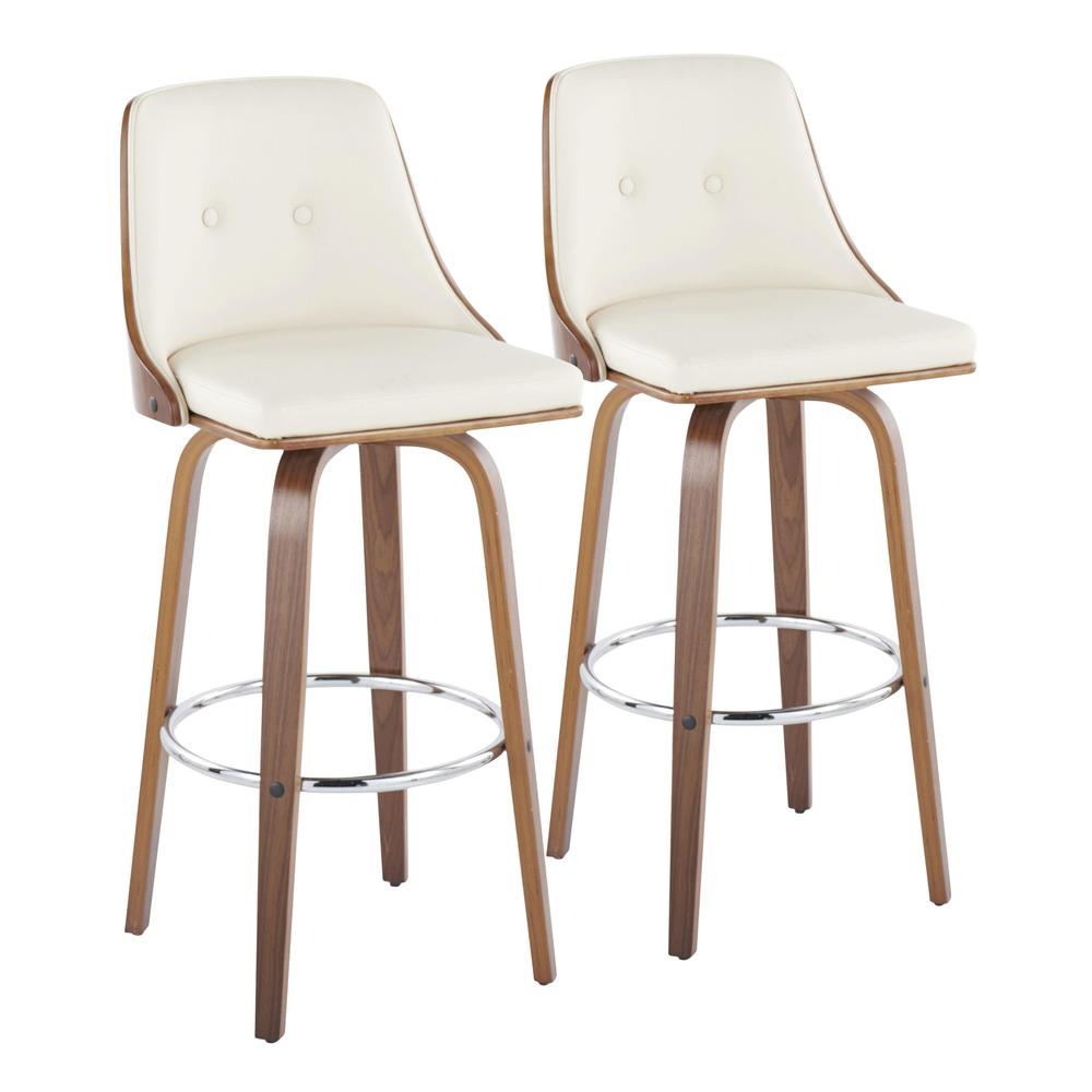 Walnut Wood, Chrome Metal, Cream PU Gianna Fixed-Height Barstool - Set of 2