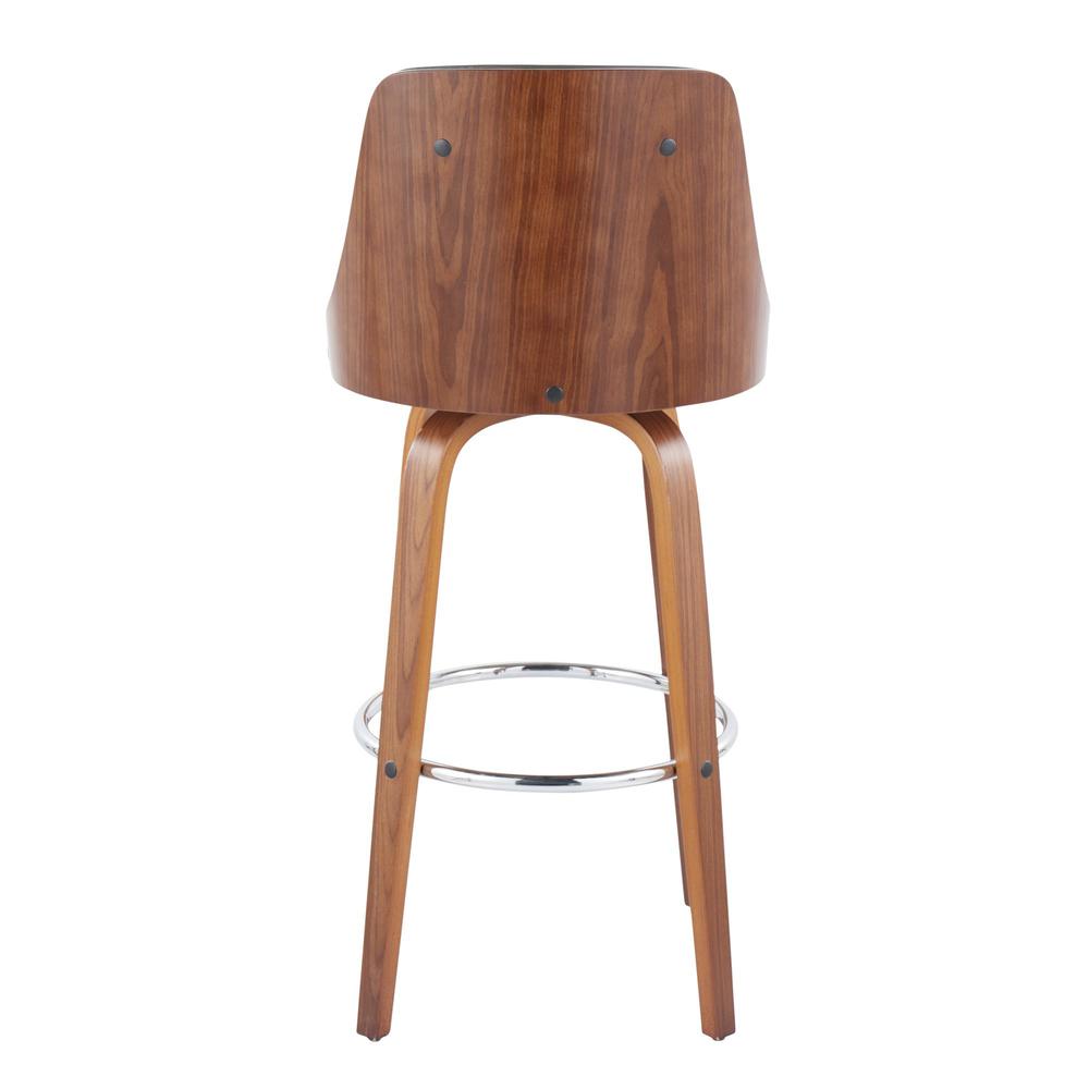 Walnut Wood, Chrome Metal, Grey PU Gianna Fixed-Height Barstool - Set of 2