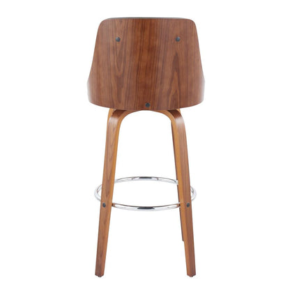 Walnut Wood, Chrome Metal, Grey PU Gianna Fixed-Height Barstool - Set of 2