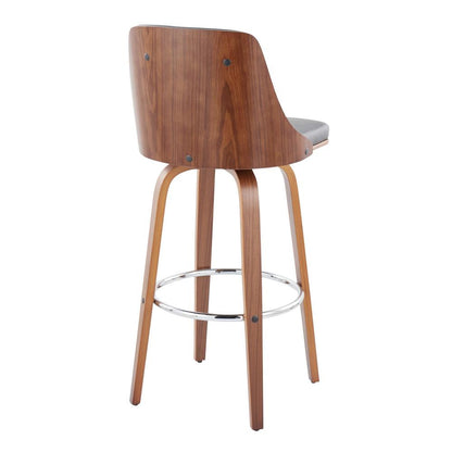Walnut Wood, Chrome Metal, Grey PU Gianna Fixed-Height Barstool - Set of 2