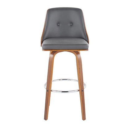 Walnut Wood, Chrome Metal, Grey PU Gianna Fixed-Height Barstool - Set of 2