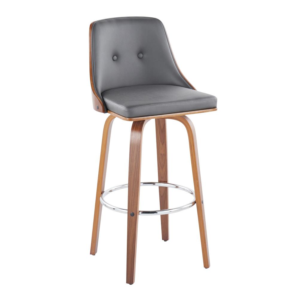 Walnut Wood, Chrome Metal, Grey PU Gianna Fixed-Height Barstool - Set of 2