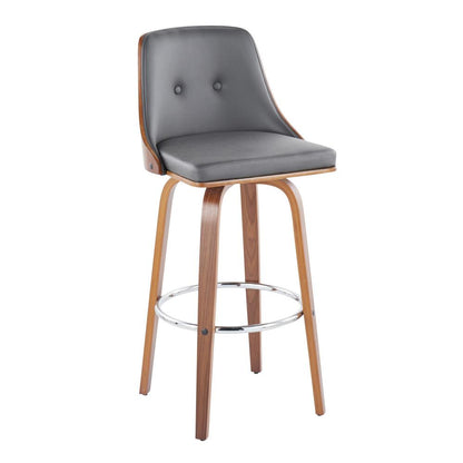 Walnut Wood, Chrome Metal, Grey PU Gianna Fixed-Height Barstool - Set of 2