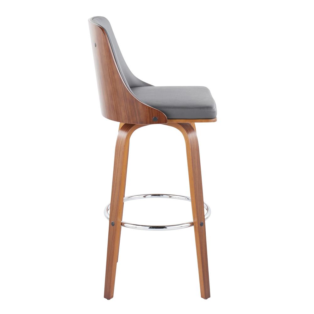 Walnut Wood, Chrome Metal, Grey PU Gianna Fixed-Height Barstool - Set of 2