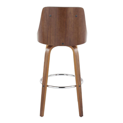 Walnut Wood, Chrome Metal, Light Grey PU Gianna Fixed-Height Barstool - Set of 2