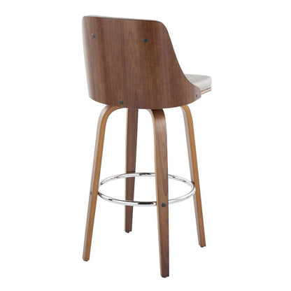 Walnut Wood, Chrome Metal, Light Grey PU Gianna Fixed-Height Barstool - Set of 2