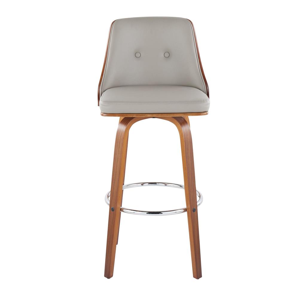Walnut Wood, Chrome Metal, Light Grey PU Gianna Fixed-Height Barstool - Set of 2