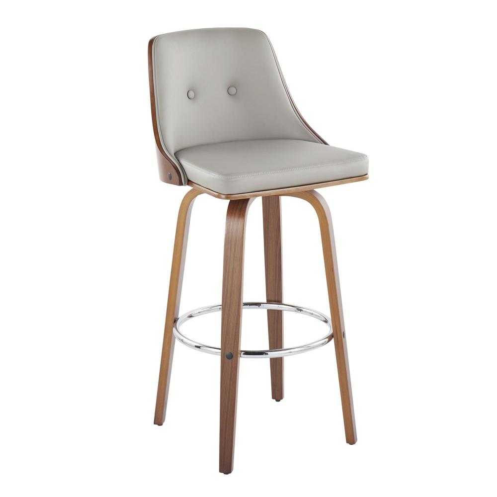 Walnut Wood, Chrome Metal, Light Grey PU Gianna Fixed-Height Barstool - Set of 2