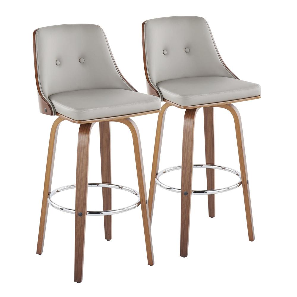 Walnut Wood, Chrome Metal, Light Grey PU Gianna Fixed-Height Barstool - Set of 2