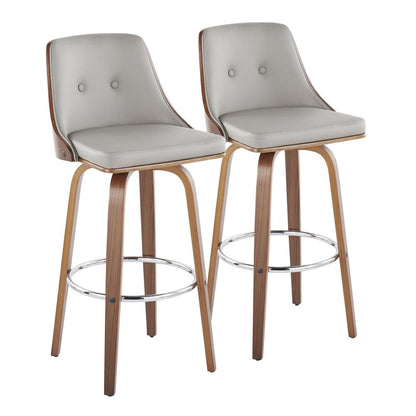 Walnut Wood, Chrome Metal, Light Grey PU Gianna Fixed-Height Barstool - Set of 2