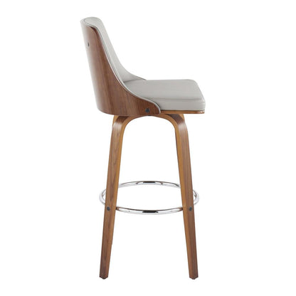 Walnut Wood, Chrome Metal, Light Grey PU Gianna Fixed-Height Barstool - Set of 2