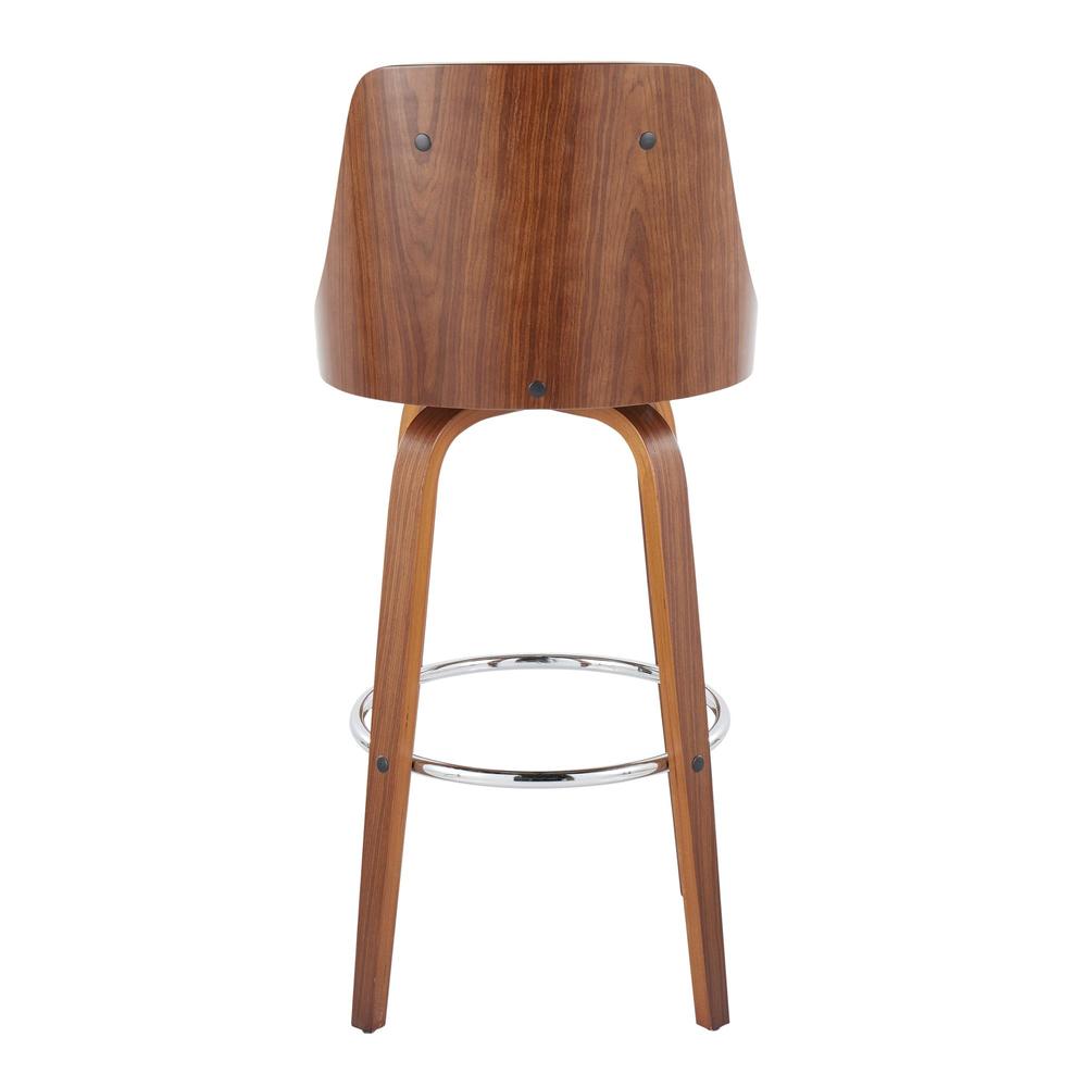 Walnut Wood, Chrome Metal, White PU Gianna Fixed-Height Barstool - Set of 2